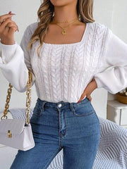 Cable-Knit Square Neck Long Sleeve Sweater - Trendsi