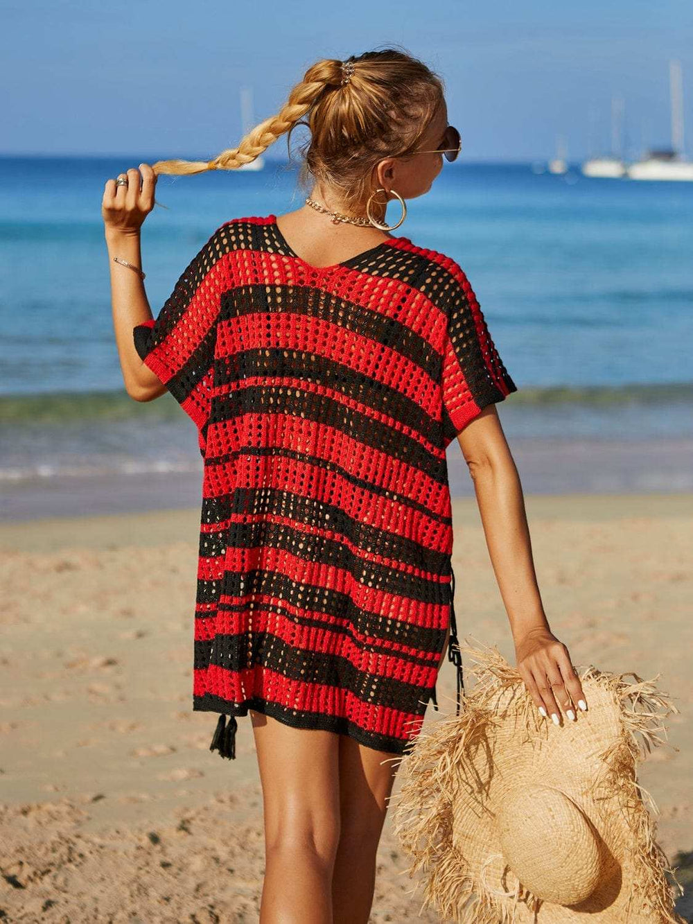 Tassel Openwork Striped V-Neck Cover Up - Trendsi - Flyclothing LLC
