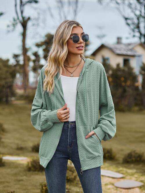 Zip Up Drawstring Long Sleeve Hooded Jacket - Trendsi - Flyclothing LLC