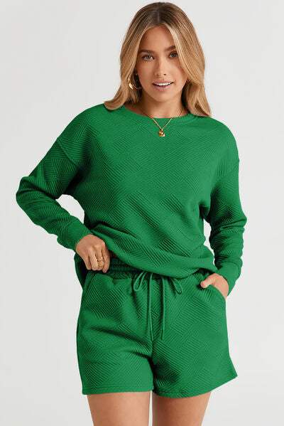 Round Neck Dropped Shoulder Top and Shorts Set - Trendsi - Flyclothing LLC
