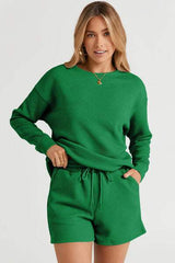 Round Neck Dropped Shoulder Top and Shorts Set - Trendsi - Flyclothing LLC