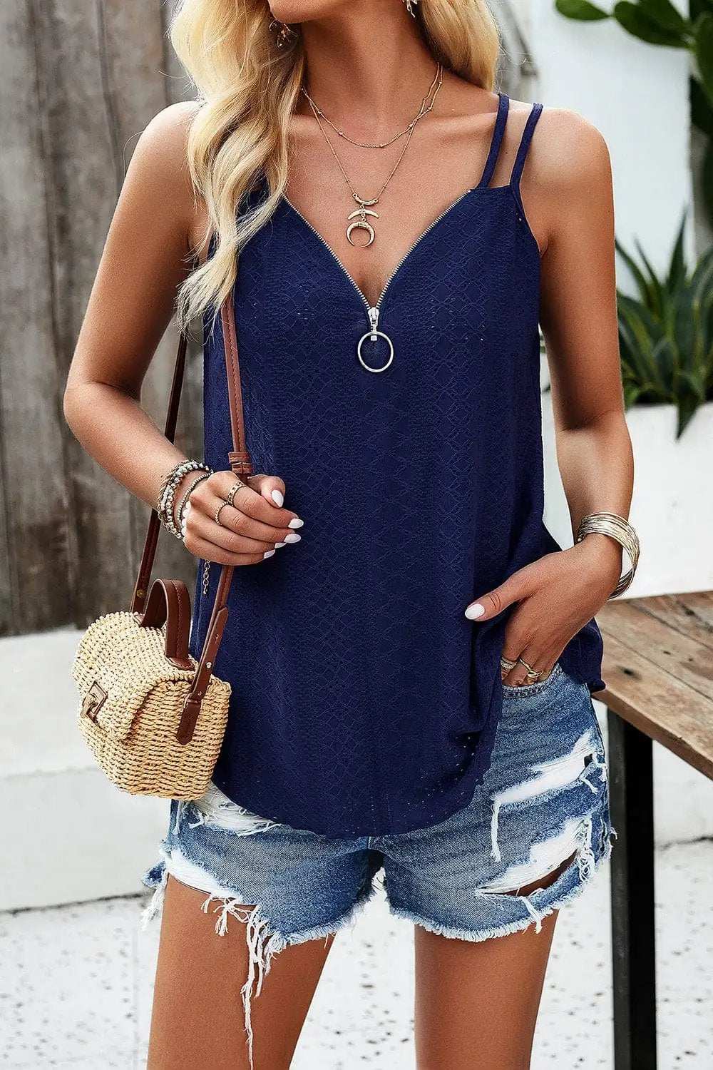 Eyelet V-Neck Double Strap Cami - Trendsi - Flyclothing LLC