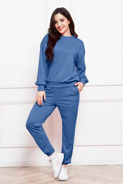 Round Neck Long Sleeve Sweatshirt and Pants Set - Trendsi - Flyclothing LLC