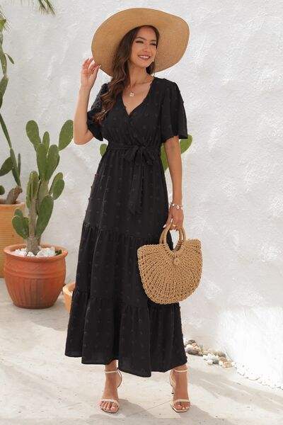 Swiss Dot Tied Surplice Short Sleeve Dress - Trendsi - Flyclothing LLC