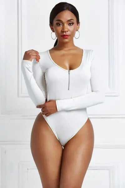 Half Zip Scoop Neck Long Sleeve Bodysuit - Trendsi - Flyclothing LLC