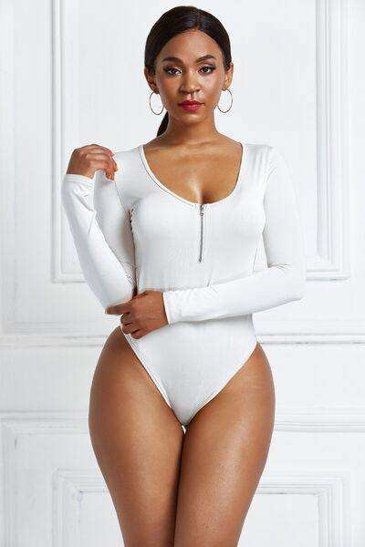 Half Zip Scoop Neck Long Sleeve Bodysuit - Trendsi - Flyclothing LLC