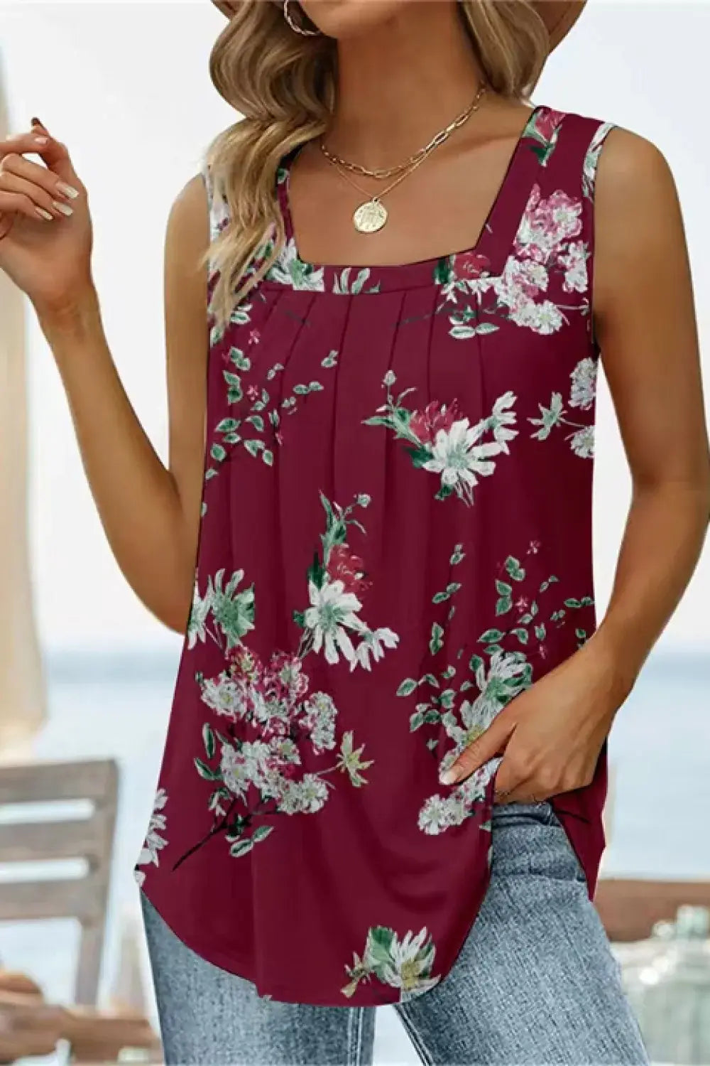 Printed Square Neck Curved Hem Tank - Trendsi - Flyclothing LLC