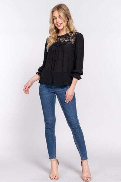 ACTIVE BASIC Crochet Lace Panel Flounce Sleeve Blouse - Trendsi - Flyclothing LLC