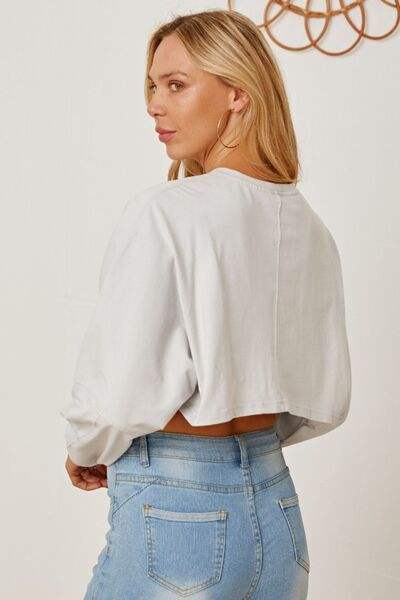 Round Neck Dropped Shoulder Cropped Sweatshirt - Trendsi - Flyclothing LLC