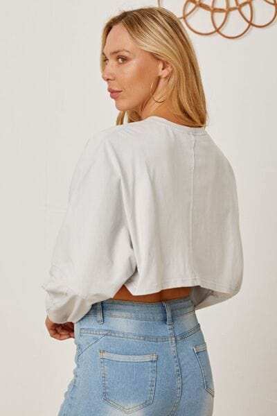 Round Neck Dropped Shoulder Cropped Sweatshirt - Trendsi - Flyclothing LLC