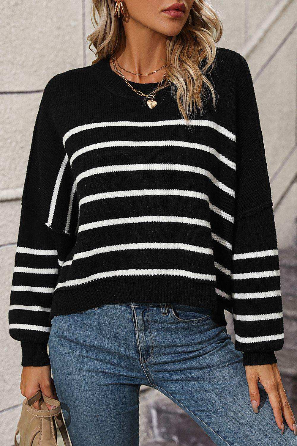 Striped Dropped Shoulder Round Neck Pullover Sweater - Trendsi - Flyclothing LLC