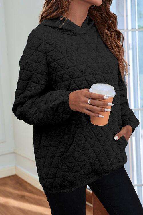 Quilted Long Sleeve Hoodie with Pocket - Trendsi - Flyclothing LLC