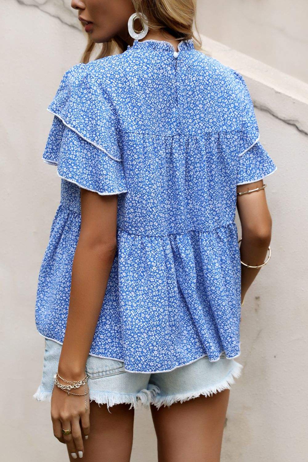 Ditsy Floral Layered Flutter Sleeve Blouse - Trendsi - Flyclothing LLC