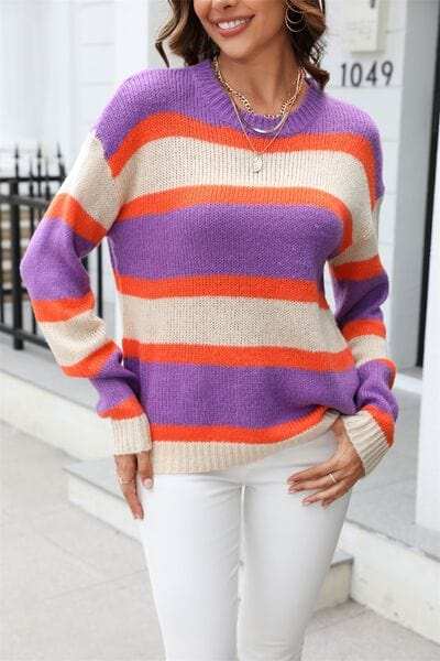Color Block Round Neck Dropped Shoulder Sweater - Trendsi - Flyclothing LLC