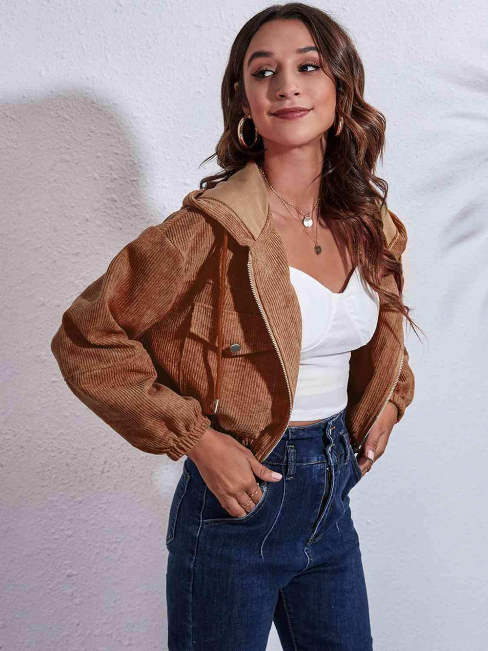 Drawstring Hooded Zip Up Jacket with Pockets - Trendsi - Flyclothing LLC