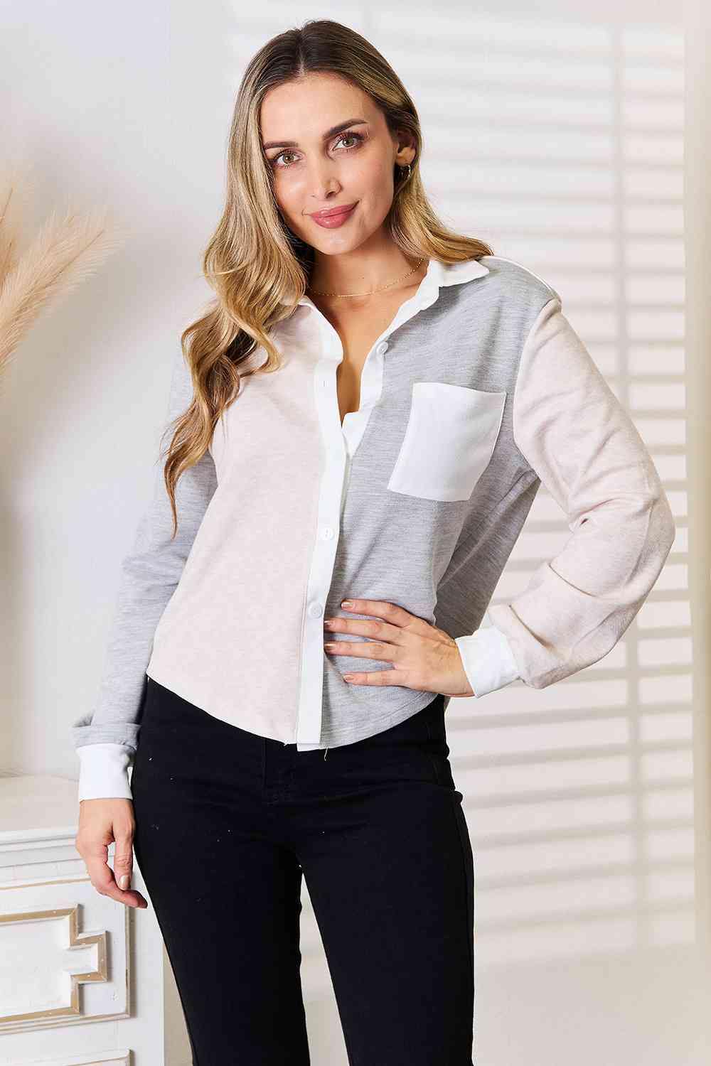 Double Take Color Block Curved Hem Shirt - Trendsi