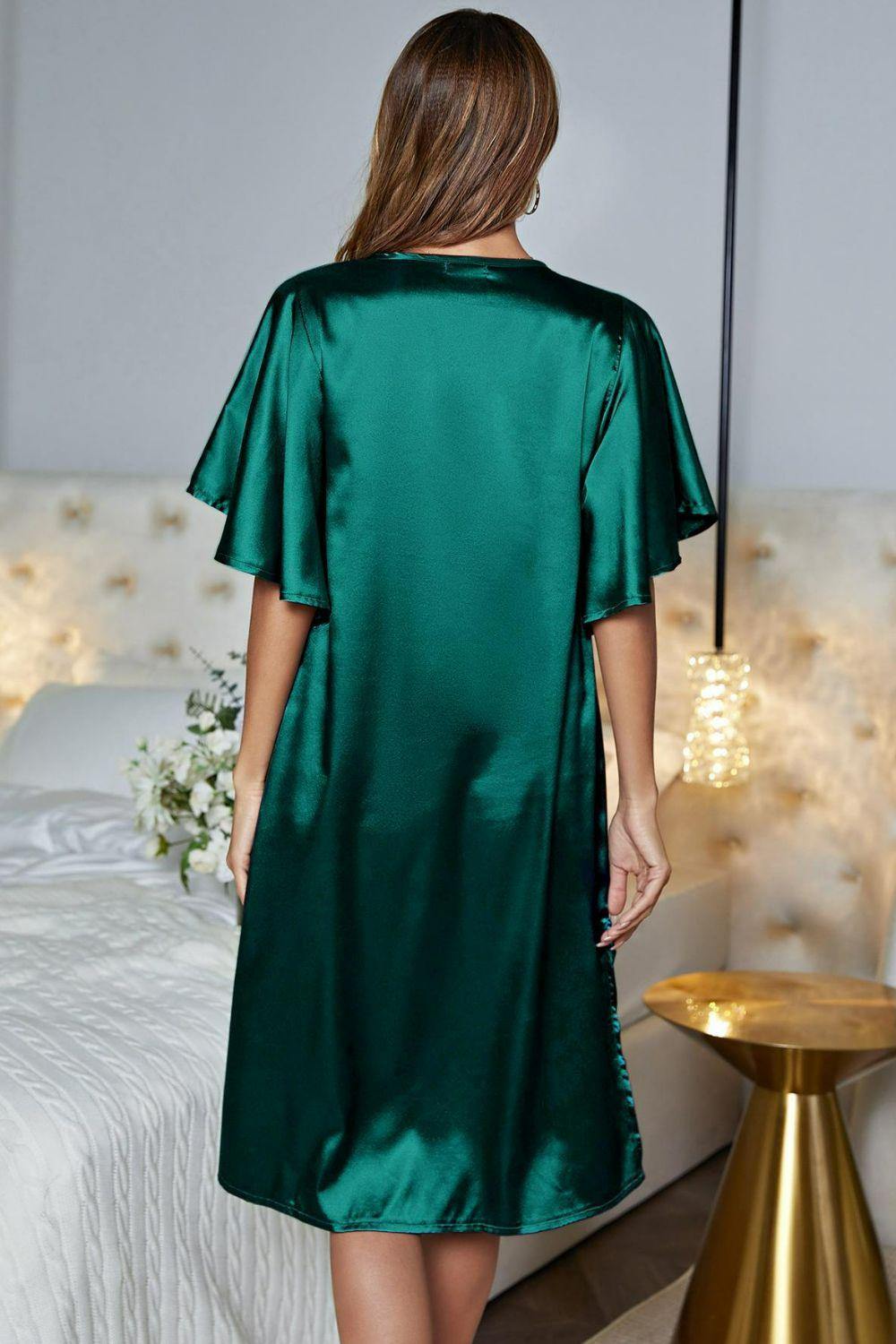 Satin Flutter Sleeve Side Slit V-Neck Night Dress - Trendsi