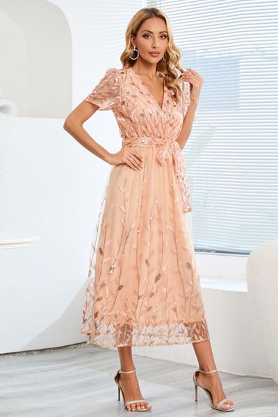 Sequin Leaf Embroidery Tie Front Short Sleeve Dress - Flyclothing LLC