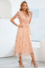 Sequin Leaf Embroidery Tie Front Short Sleeve Dress - Flyclothing LLC