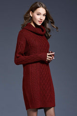 Full Size Mixed Knit Cowl Neck Dropped Shoulder Sweater Dress - Trendsi