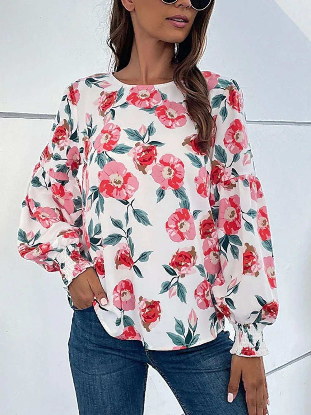 Floral Long Puff Sleeve Round Neck Blouse - Trendsi