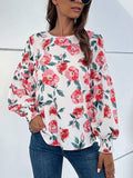 Floral Long Puff Sleeve Round Neck Blouse - Trendsi