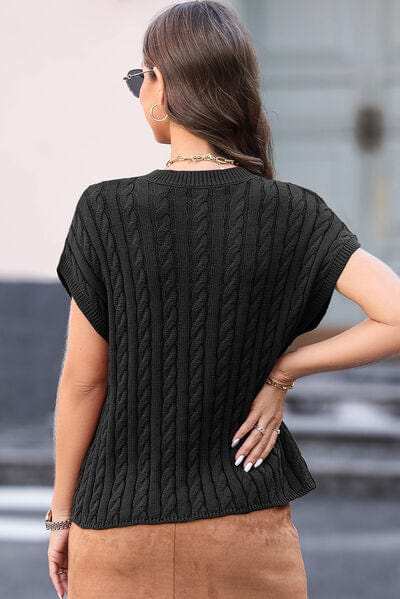 Cable-Knit Round Neck Cap Sleeve Sweater - Trendsi - Flyclothing LLC