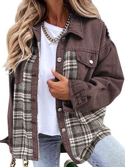 Plaid Button Up Dropped Shoulder Jacket - Trendsi - Flyclothing LLC