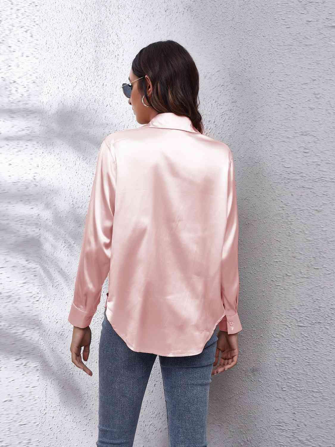 Collared Neck Buttoned Long Sleeve Shirt - Trendsi