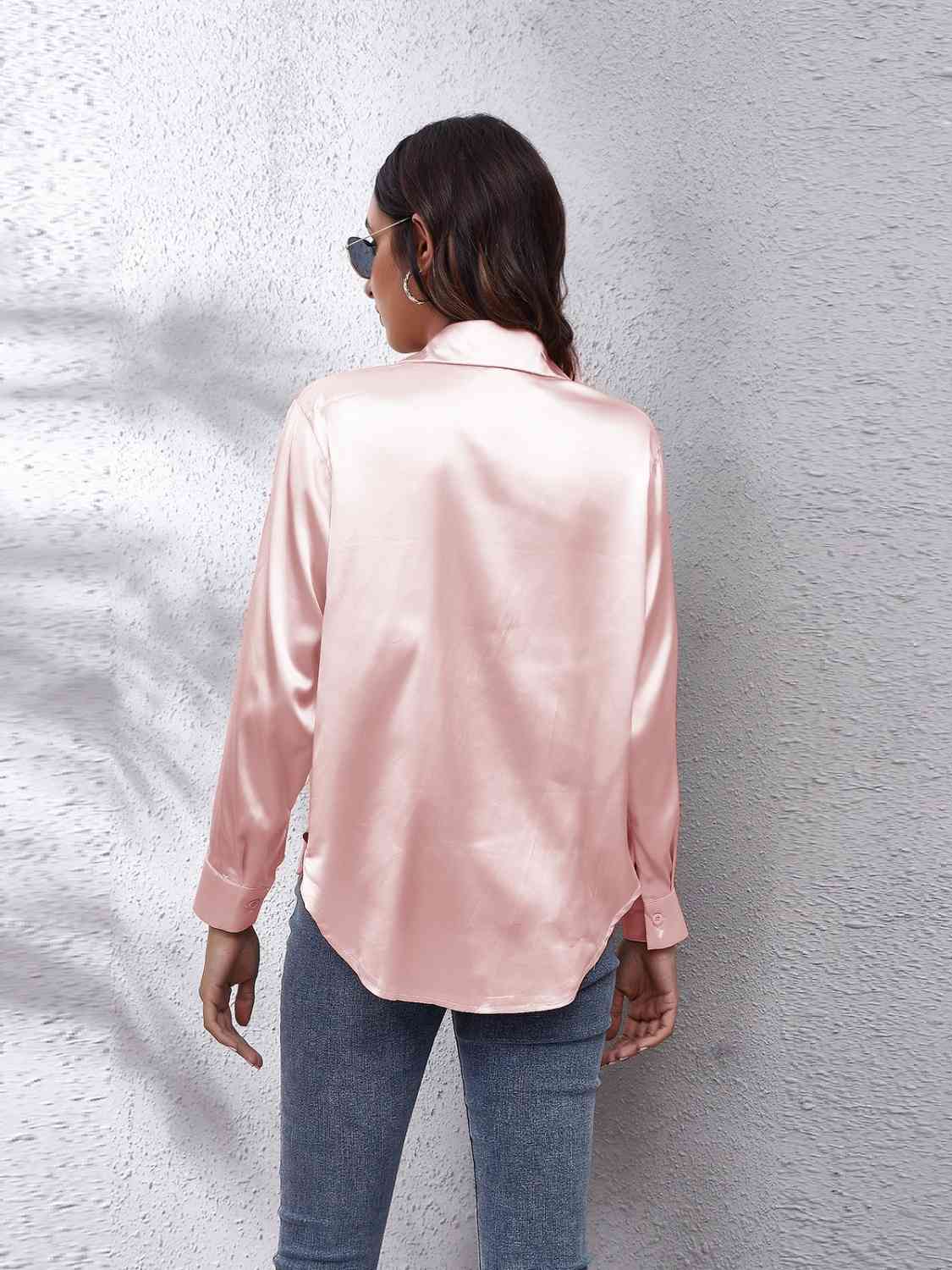 Collared Neck Buttoned Long Sleeve Shirt - Trendsi - Flyclothing LLC