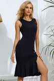 Decorative Button Split Ribbed Sleeveless Knit Dress - Trendsi