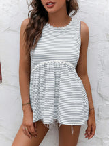 Striped Lace Trim Round Neck Tank - Trendsi - Flyclothing LLC