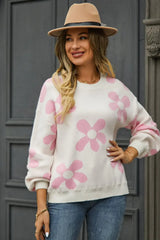 Floral Print Round Neck Dropped Shoulder Pullover Sweater - Trendsi - Flyclothing LLC