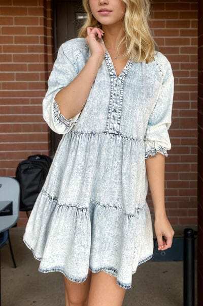 V-Neck Half Sleeve Mini Denim Dress - Trendsi - Flyclothing LLC