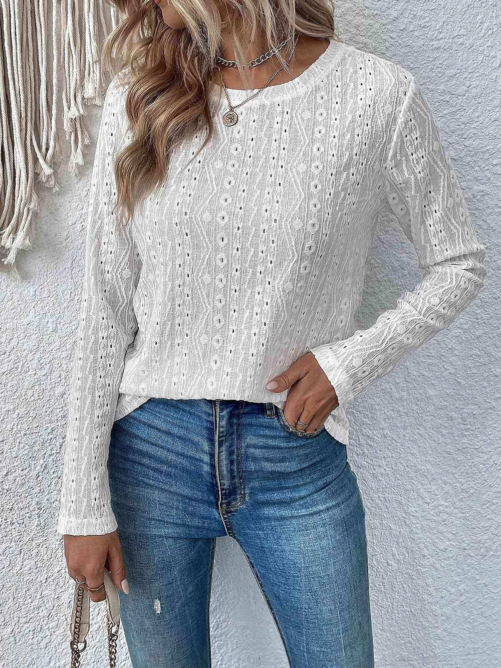 Eyelet Round Neck Long Sleeve Top - Trendsi - Flyclothing LLC