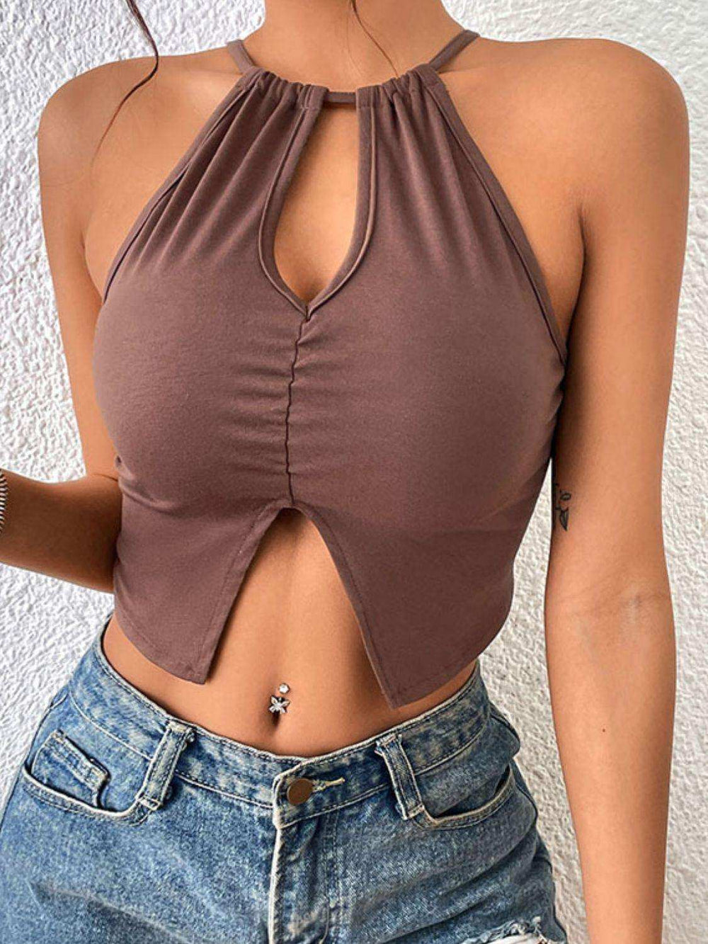 Crisscross Tie Back Slit Sleeveless Top - Trendsi - Flyclothing LLC