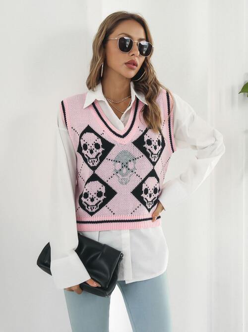 Skull Contrast V-Neck Sweater Vest - Flyclothing LLC