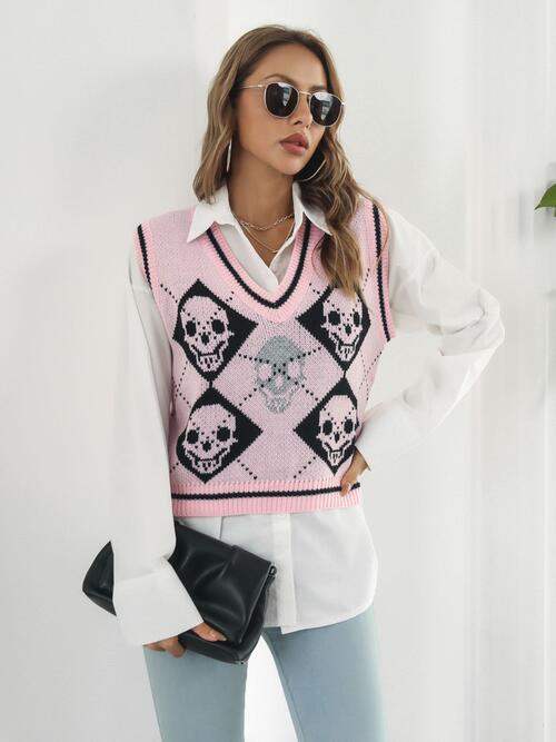 Skull Contrast V-Neck Sweater Vest - Trendsi - Flyclothing LLC