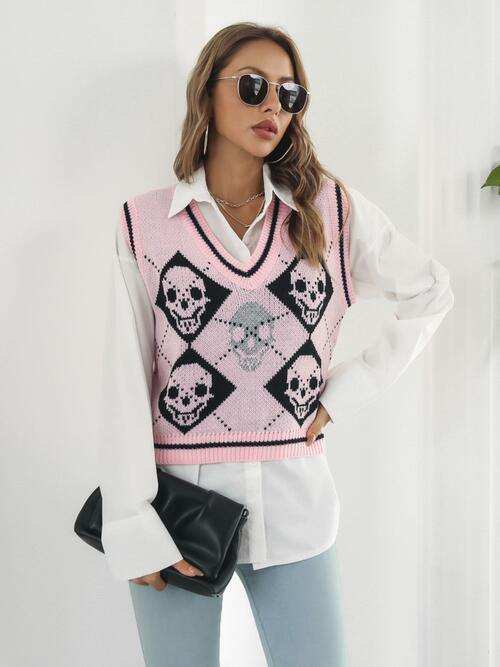 Skull Contrast V-Neck Sweater Vest - Trendsi - Flyclothing LLC