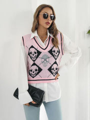 Skull Contrast V-Neck Sweater Vest - Flyclothing LLC