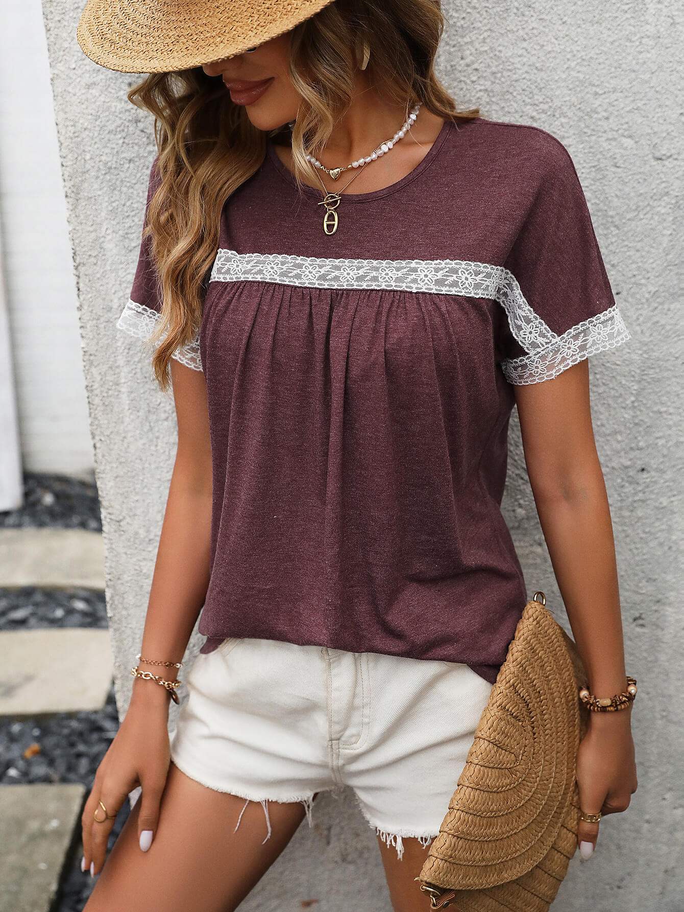 Contrast Round Neck Short Sleeve Tee - Trendsi - Flyclothing LLC