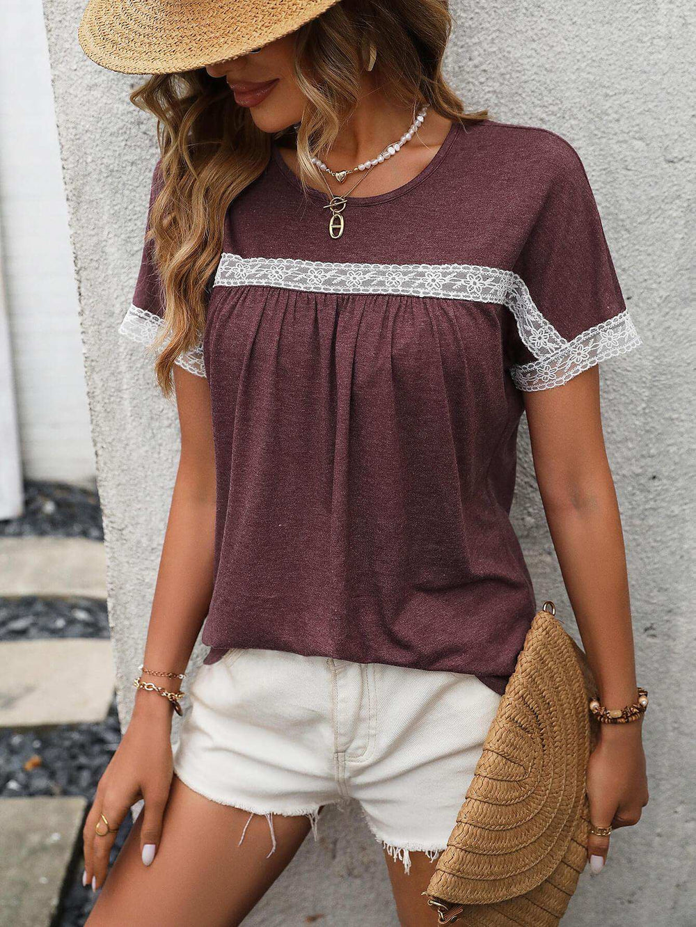 Contrast Round Neck Short Sleeve Tee - Trendsi - Flyclothing LLC