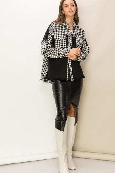 HYFVE Houndstooth Contrast Raw Hem Jacket - Trendsi - Flyclothing LLC