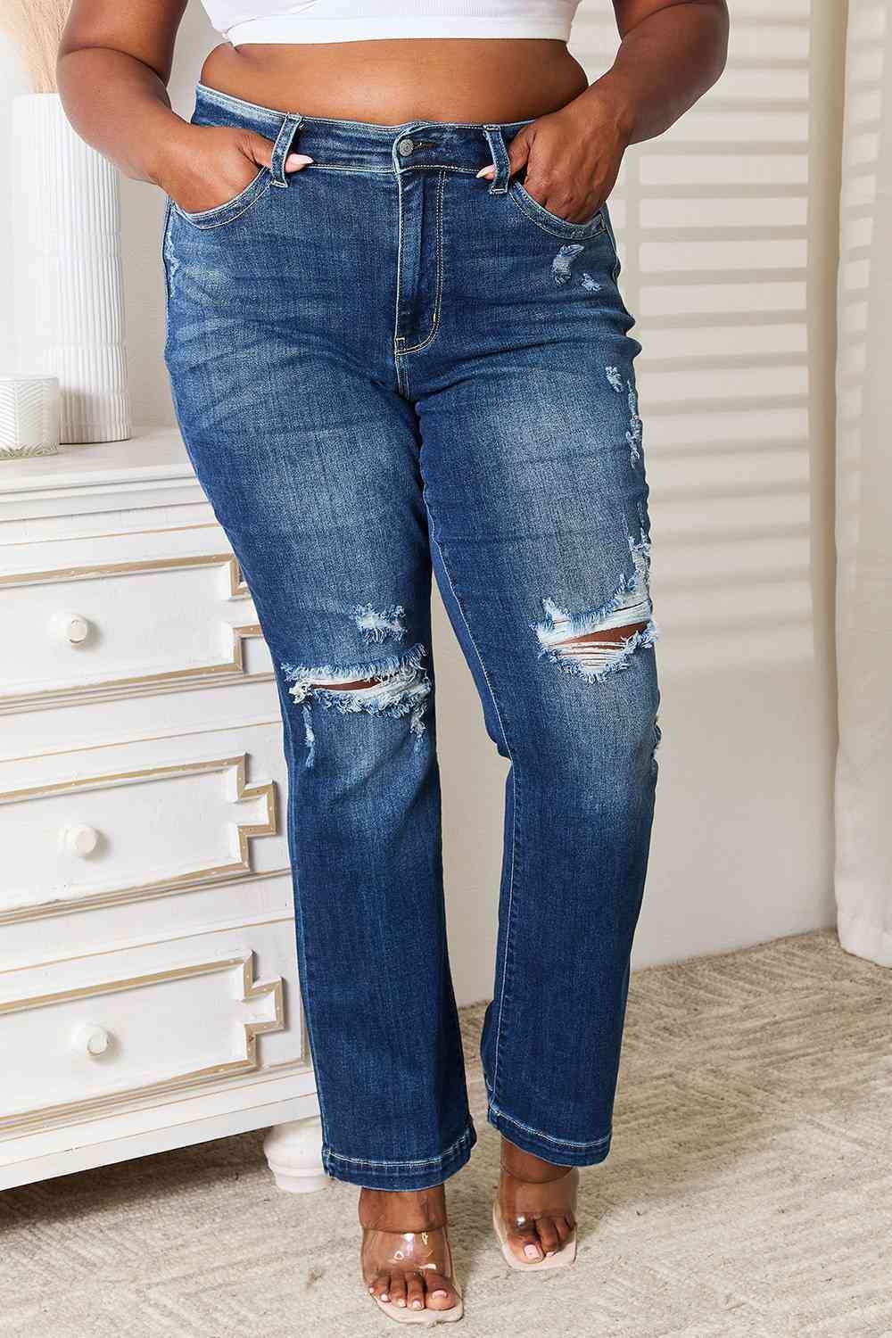 Judy Blue Full Size Mid Rise Hand Sand & Destroy Bootcut Jeans - Trendsi - Flyclothing LLC