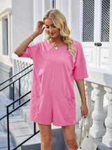 Backless Pocketed Round Neck Half Sleeve Romper - Trendsi - Flyclothing LLC