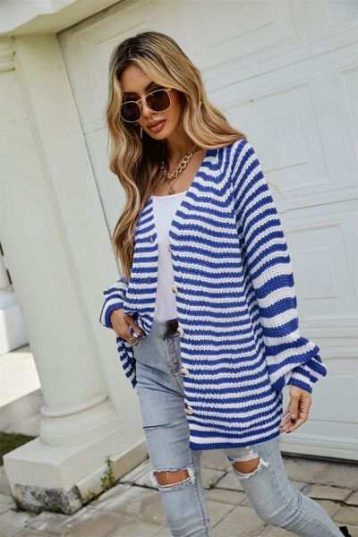 Striped Button Up Long Sleeve Cardigan - Trendsi - Flyclothing LLC