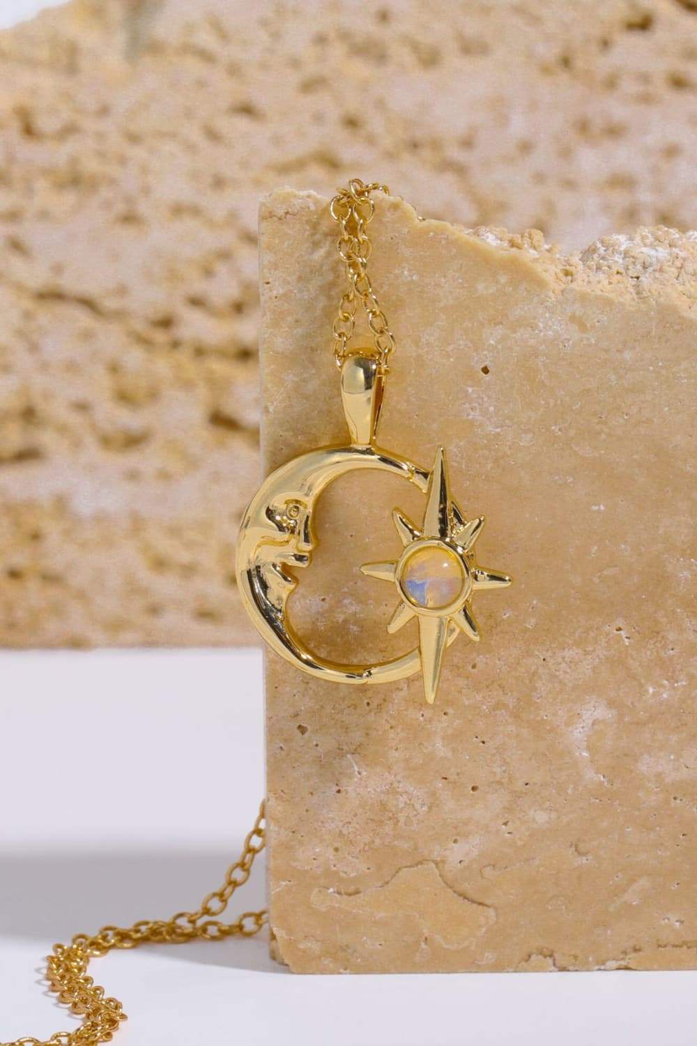 Copper 14K Gold Pleated Moon & Star Shape Pendant Necklace - Trendsi - Flyclothing LLC