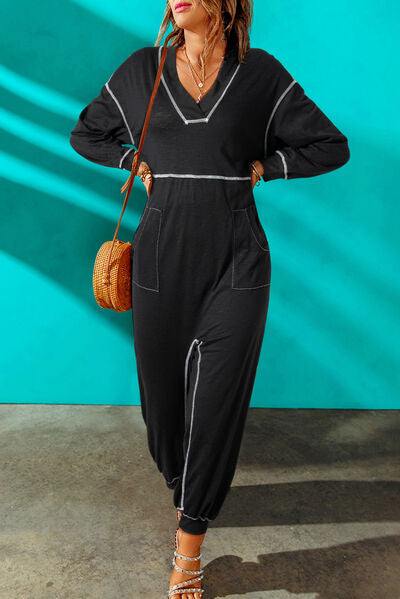 Contrast Stitching Pocketed Dropped Shoulder Jumpsuit - Trendsi