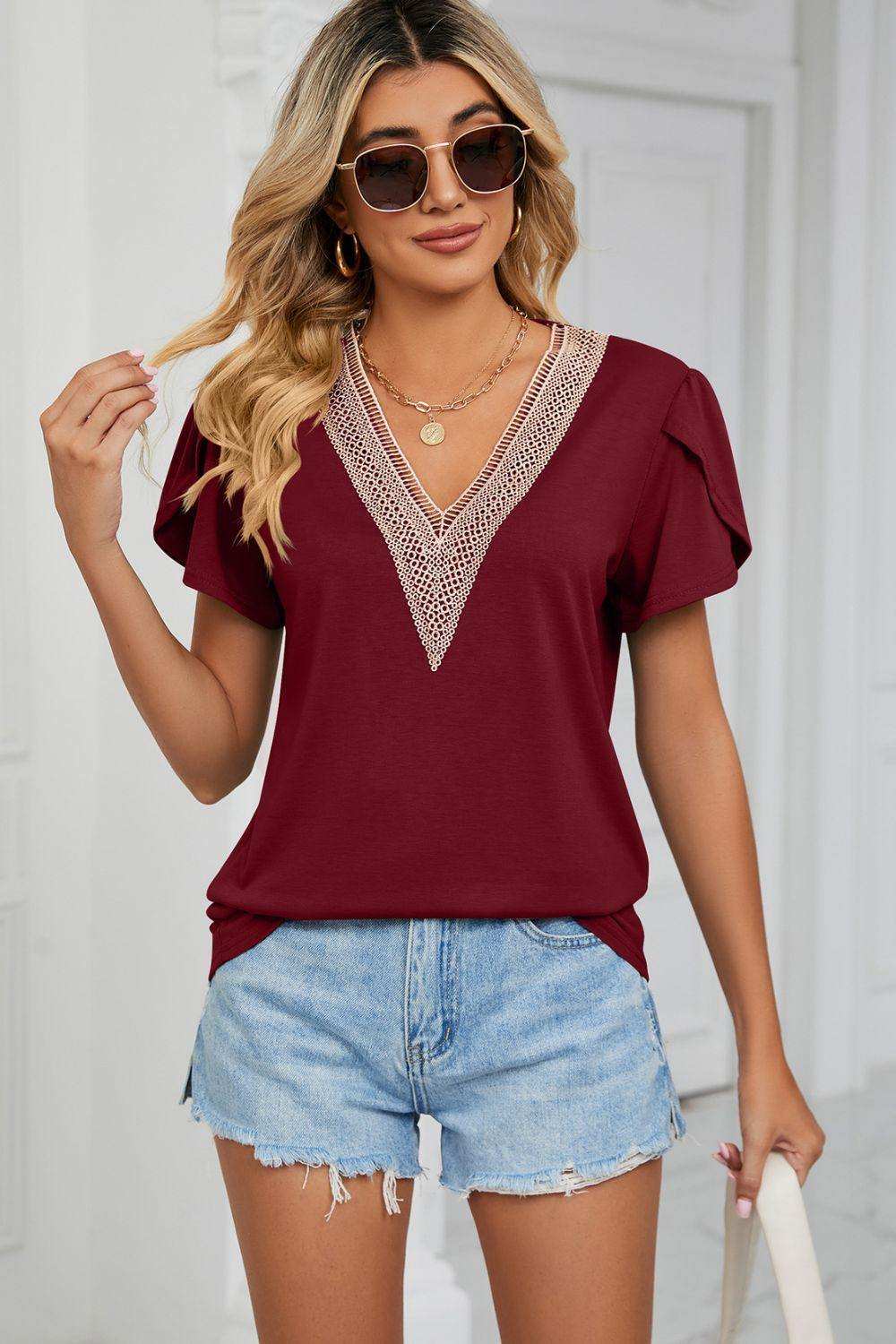 Contrast Trim Petal Sleeve V-Neck Top - Trendsi - Flyclothing LLC
