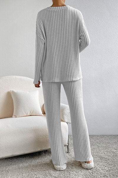 Ribbed V-Neck Top and Pants Lounge Set - Trendsi - Flyclothing LLC